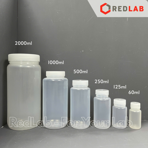 Chai nhựa PP trắng miệng rộng ONELAB 30 60 125 250 500 ml 1 2 L, chịu nhiệt tối đa 140°C, đựng mẫu thí nghiệm, có VAT