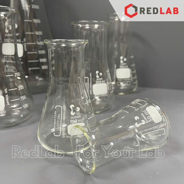 Bình tam giác cổ rộng DURAN Class A 50 100 200 250 300 500 1000 2000 ml, Wide neck Erlenmeyer, có VAT