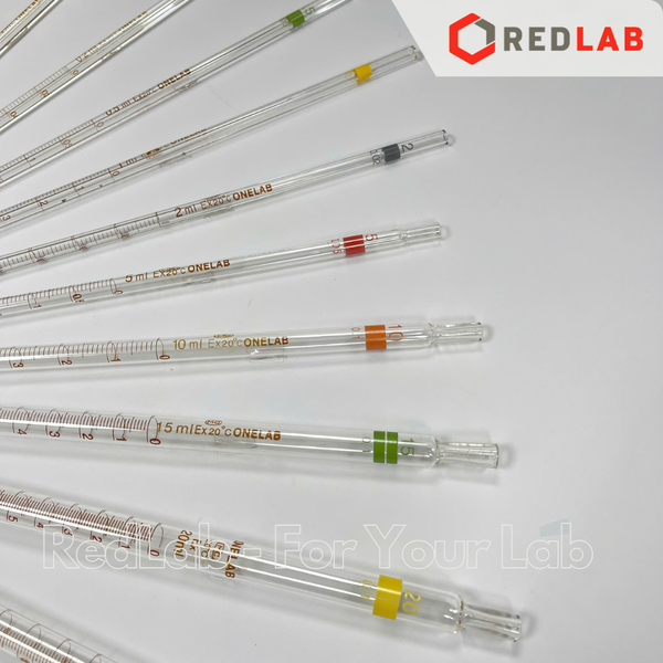 Combo pipet chia vạch loại dài ONELAB kèm quả bóp silicon / cao su 1 van, 0.1 0.2 0.5 1 2 5 10 15 20 25 50 ml, có VAT