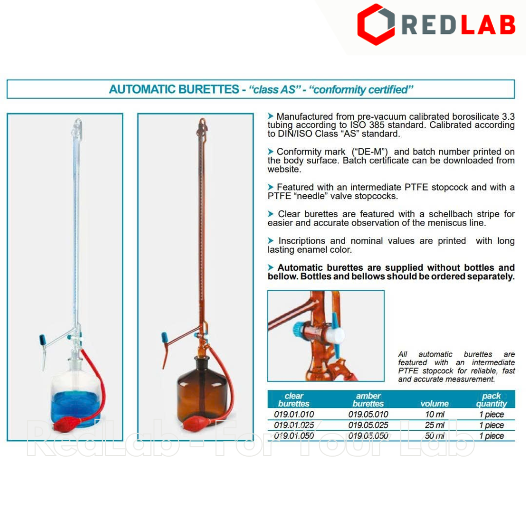 Buret tự động thuỷ tinh trắng ISOLAB khóa PTFE Class AS 10 25 50 ml, automatic burette, có VAT