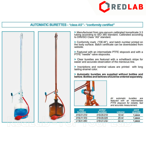 Buret tự động thuỷ tinh trắng ISOLAB khóa PTFE Class AS 10 25 50 ml, automatic burette, có VAT