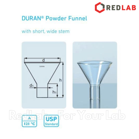 Phễu thủy tinh lọc bột dạng cuống ngắn DURAN Class A 55 70 80 100 120 160 mm, Powder Funnel, có VAT