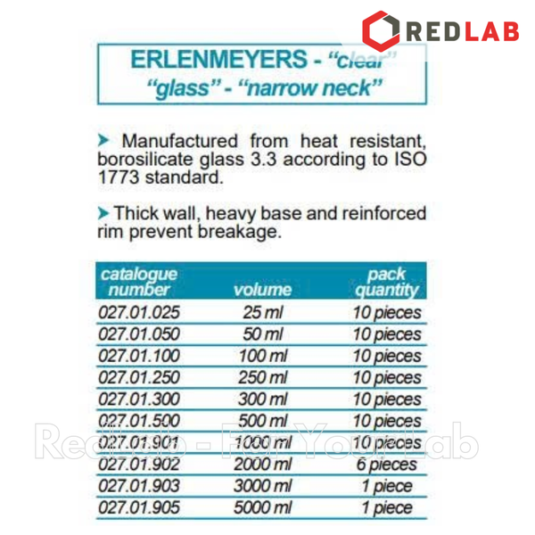 Bình tam giác cổ hẹp ISOLAB 50 100 250 500 ml 1L 2L, narrow neck erlenmeyer thuỷ tinh boro 3.3, có VAT