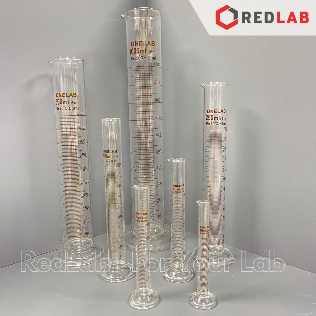 Ống đong thủy tinh ONELAB 10 25 50 100 250 500 1000 2000 ml đáy tròn, chia vạch nâu, đong mẫu thí nghiệm, có VAT