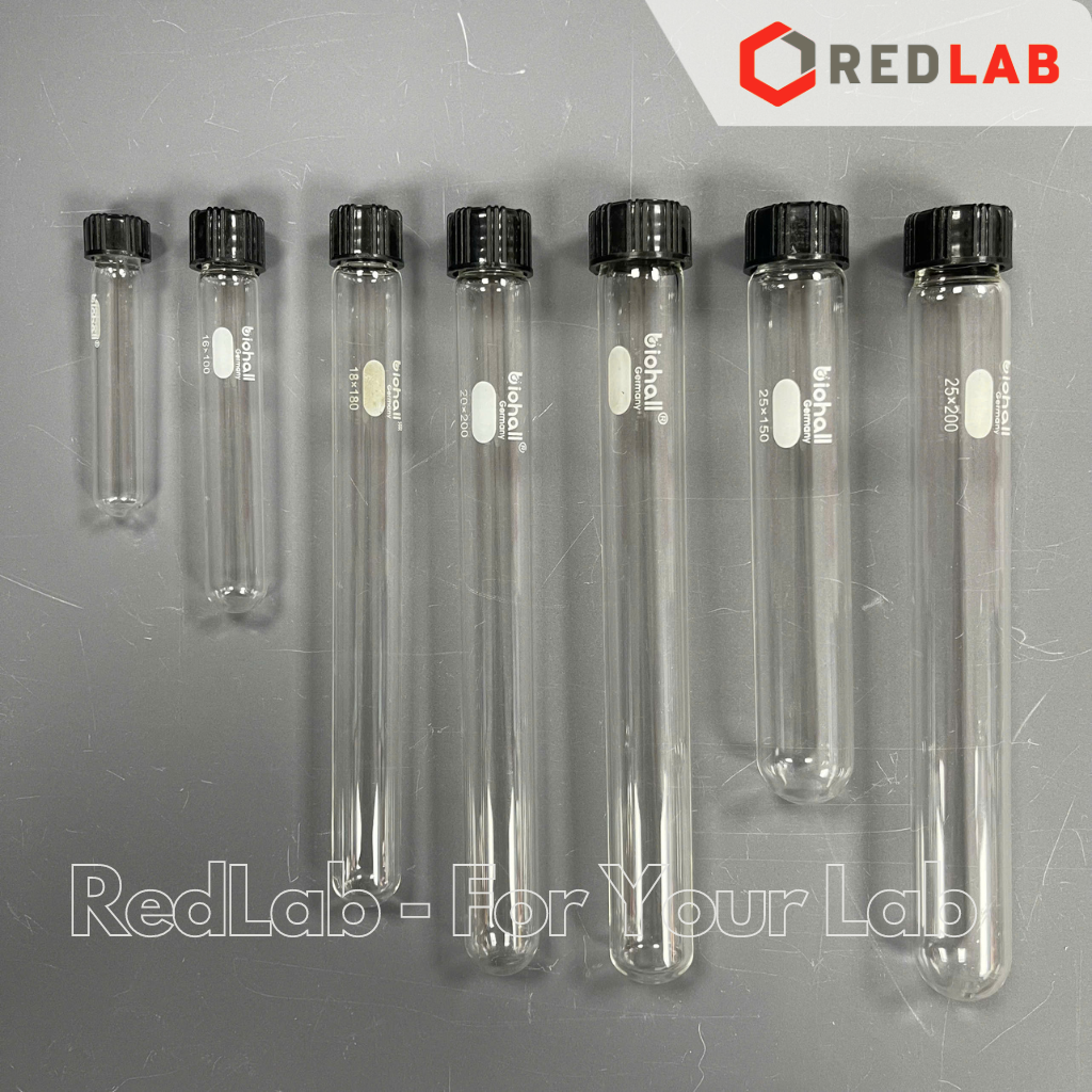 Ống nghiệm có nắp BIOHALL Ø 12 16 18 20 25 38 mm, thuỷ tinh boro 3.3 chịu nhiệt, nắp vặn nhựa PP đen, in logo, có VAT