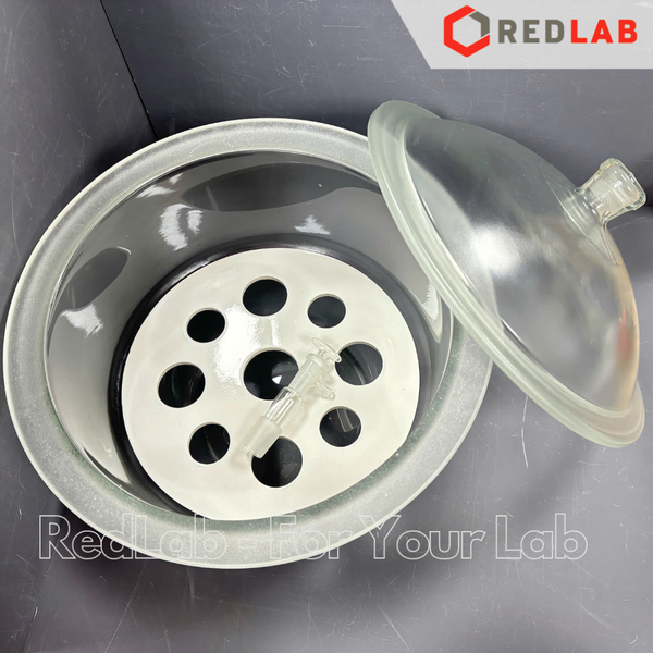 Bình hút ẩm trắng có vòi GENLAB 150 180 210 240 300 350 400 mm, dùng lưu trữ hoặc làm khô mẫu thí nghiệm, có VAT