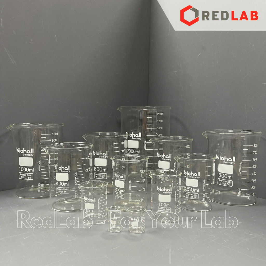 Cốc đốt thuỷ tinh Thấp thành BIOHALL 5 10 25 50 100 150 200 250 400 500 600 800 1000 ml 2L 3L 5L 10L, beaker có mỏ chịu nhiệt, có VAT