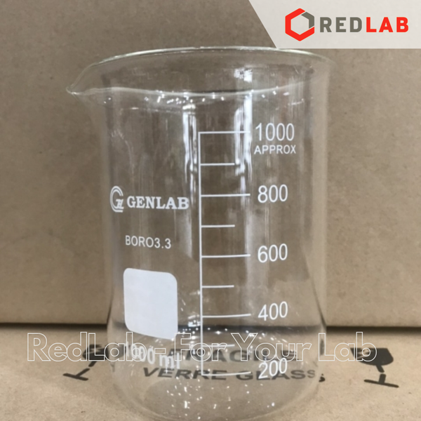 Cốc đốt thủy tinh thấp thành GENLAB 10 25 50 100 250 500 1000 ml 2 3 5 10 L, beaker thí nghiệm có mỏ, chịu nhiệt, có VAT