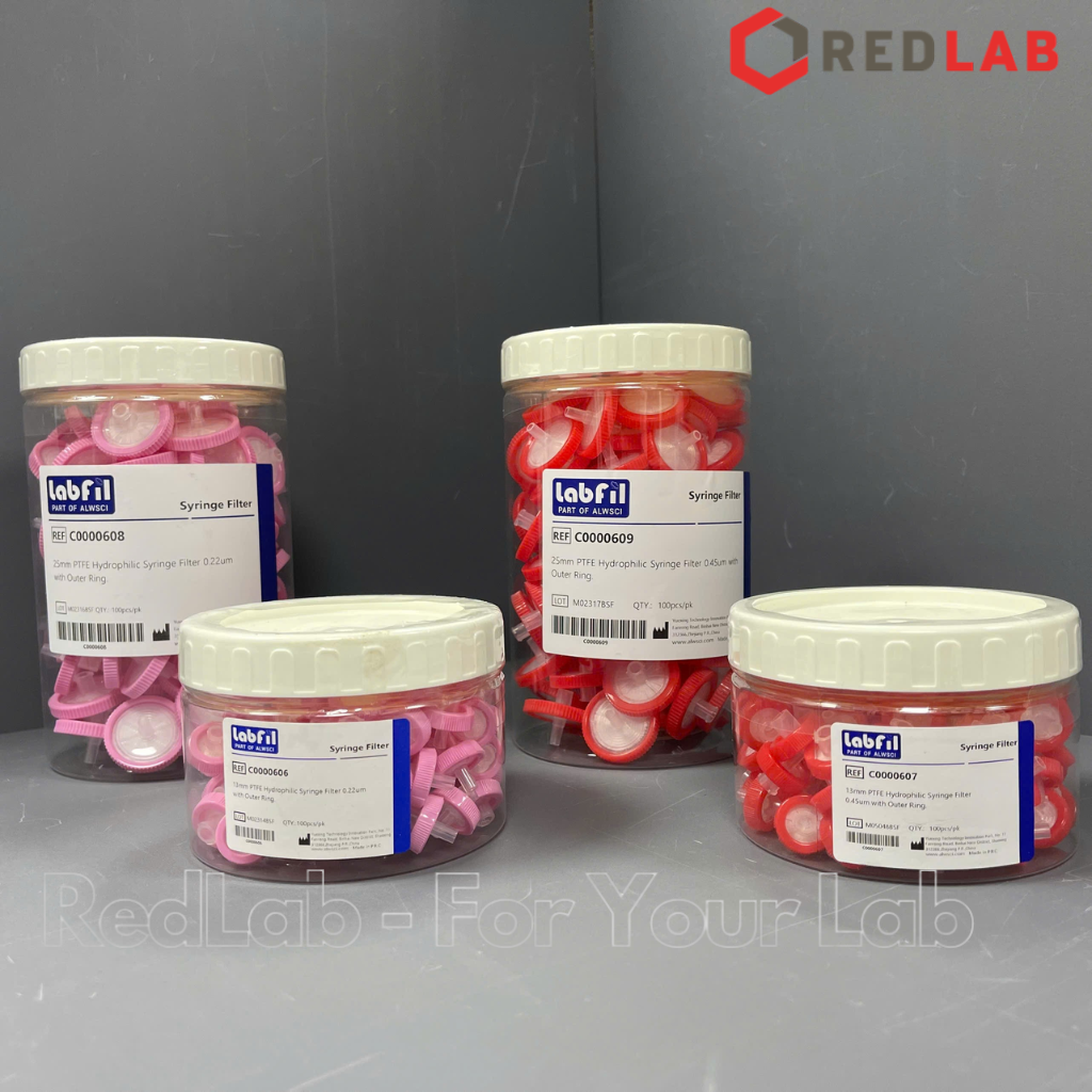 [Hộp 100 cái] Đầu lọc PTFE ưa nước hydrophilic Syringe filter Labfill ALWSCI 13mm / 25mm, lỗ lọc 0.22um / 0 45um, dùng cho sắc ký HPLC, có VAT