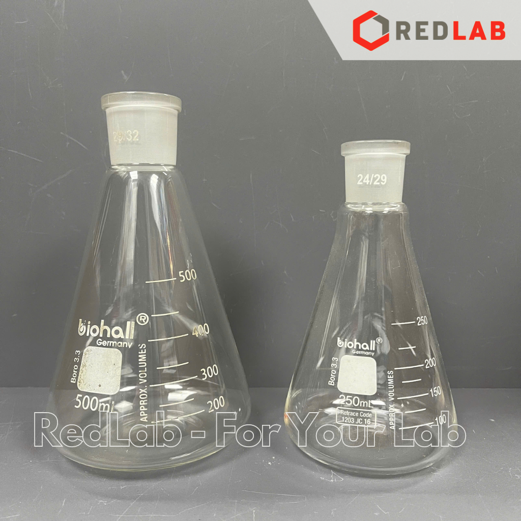 Bình tam giác thủy tinh cổ nhám BIOHALL 25 50 100 150 200 250 300 500 1000 ML – NS 14/23 19/26 24/29 29/32 34/35, có VAT