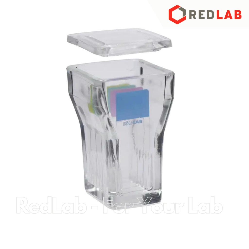 Hộp nhộm lam đứng ISOLAB 073.01.001 Hellendahl staining jars, 60x60x105mm, cho 8 lam 76x26mm, thuỷ tinh soda-lime có VAT