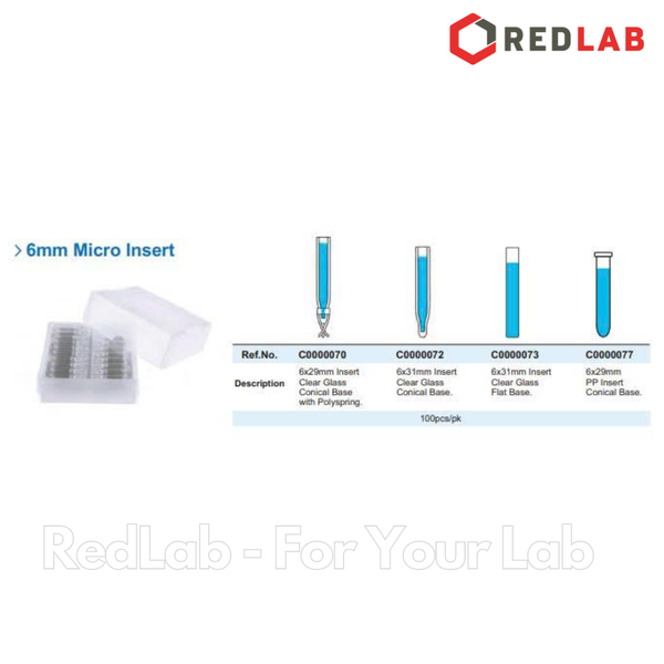 Ống insert sắc ký ALWSCI 6x31mm đáy bằng / đáy nhọn / 6x29mm có lò xo định tâm, cho vial 2ml 9-425, có VAT