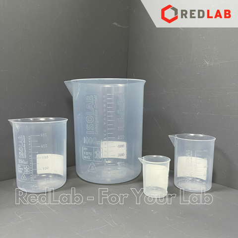 Ca nhựa PP không quai vạch nổi trắng ISOLAB 25 50 100 250 500 1000 2000 ml, cốc đong hóa chất chịu nhiệt, có VAT