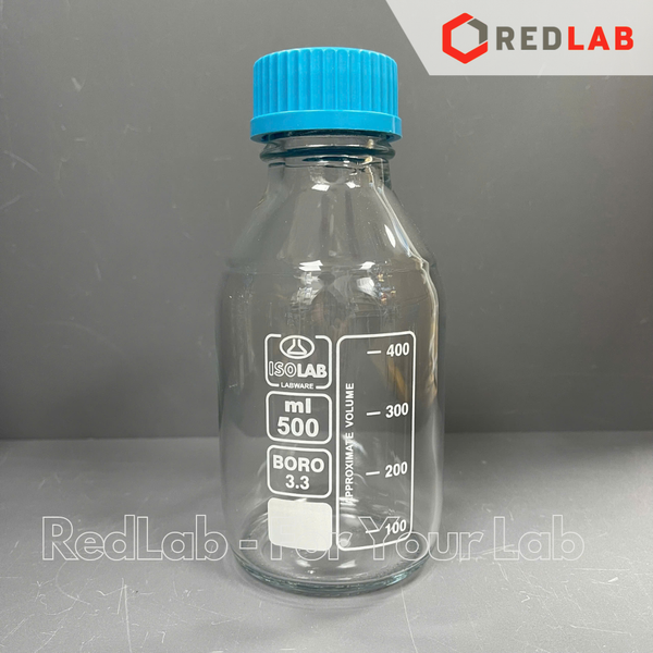 Chai trung tính trắng ISOLAB 100 250 500 1000 ml 2 3 5 10 L nắp vặn PP xanh GL45, thủy tinh borosilicate, có VAT