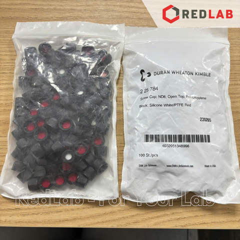 Nắp vặn đen nhựa có lỗ, đệm Silicone trắng/ PTFE đỏ DWK 225784 dùng cho chai vial 1.5ml ND 8 (gói 100 cái) có VAT