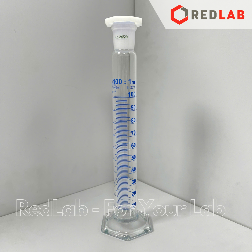 Ống đong thủy tinh nút nhựa SIMAX Class A 100 250 500 1000 ml – 24/29 29/32 34/35 45/40 đế lục giác, vạch xanh, có VAT