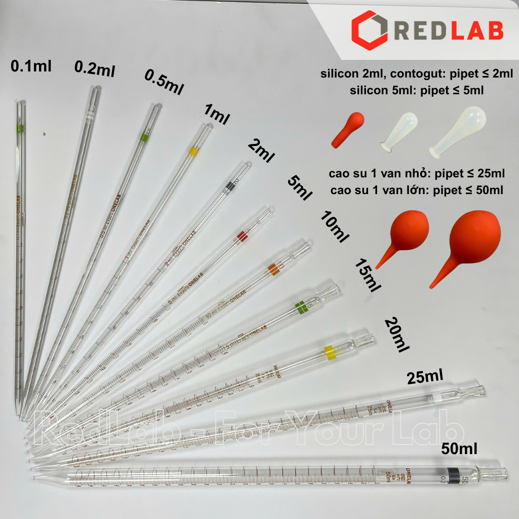 Combo pipet chia vạch loại dài ONELAB kèm quả bóp silicon / cao su 1 van, 0.1 0.2 0.5 1 2 5 10 15 20 25 50 ml, có VAT
