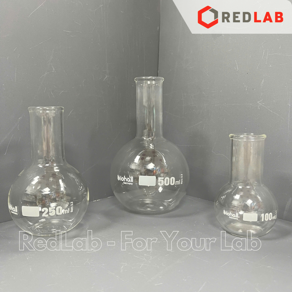 Bình cầu đáy bằng cổ trơn BIOHALL 50 100 250 500 ml 1L 2L 3L 5L 10L 20L, mark trắng, có VAT
