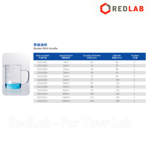 Cốc đốt trắng có tay cầm GlassTAO 600 1000 2000 ml, beaker thí nghiệm có quai chịu nhiệt, có VAT