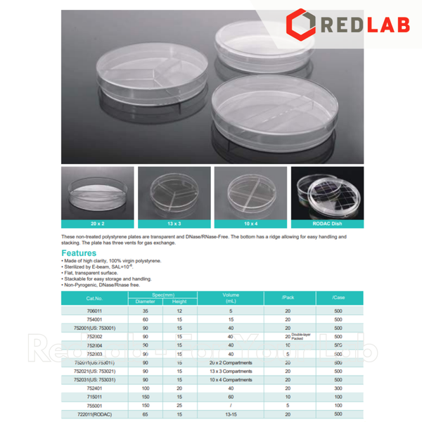 Đĩa Rodac Ø 65mm x H 15mm NEST 722011, Bulk sterile (gói 20 cái) nhựa PS, contact petri dishes, kẻ sọc, có VAT