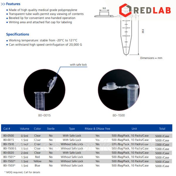 [Gói 500 cái] Ống ly tâm dạng Eppendorf 0.5 1.5 2 ml BIOLOGIX 80-0500 80-1500 80-0020, nhựa PP, có thể hấp autoclave, có VAT