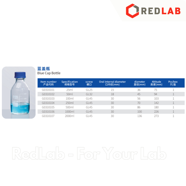 Chai trung tính trắng nắp vặn xanh GlassTAO 50 100 250 500 1000 2000 ml, đựng mẫu thí nghiệm, có VAT