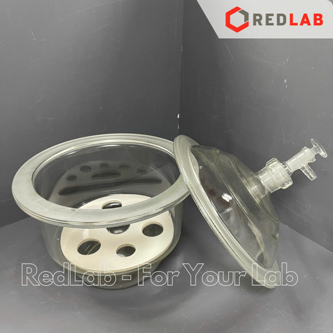 Bình hút ẩm trắng có vòi DINLAB 150 200 240 300 mm, dùng lưu trữ, làm khô mẫu thí nghiệm, có VAT