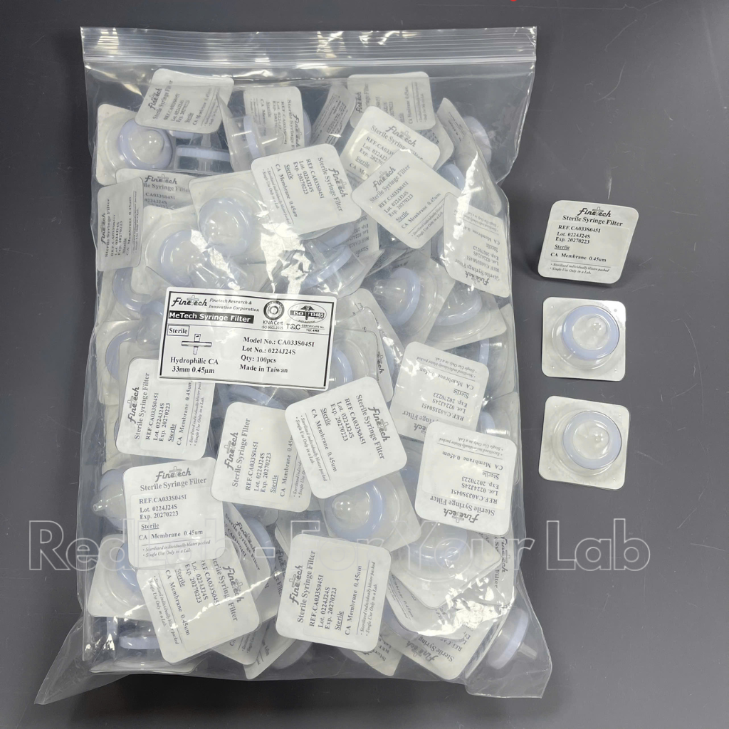 Đầu lọc Syringe CA tiệt trùng, đường kính 33mm, lỗ lọc 0.22µm và 0.45µm Finetech CA033S022I và CA033S045I, giá tốt, có VAT