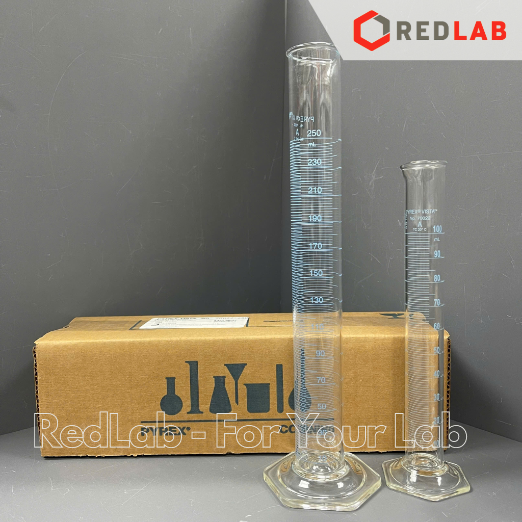 Ống đong thuỷ tinh PYREX Class A 10 25 50 100 250 500 ml, đế lục giác chia vạch xanh, thuỷ tinh Borosilicate, có VAT