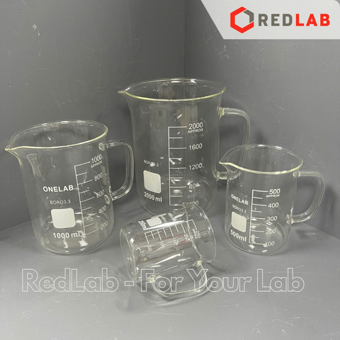 Cốc đốt thuỷ tinh có tay cầm ONELAB 250 500 1000 2000 ml, beaker thí nghiệm có quai chịu nhiệt, có VAT