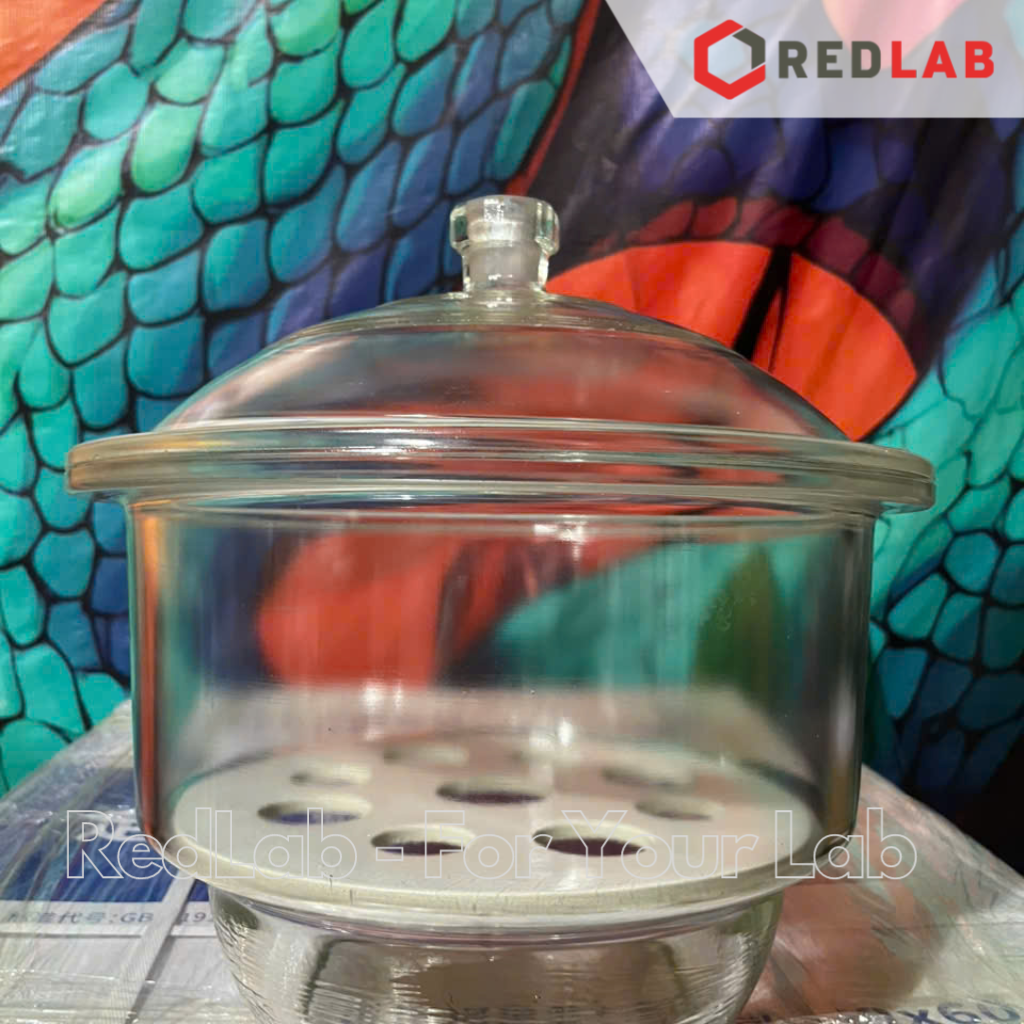 Bình hút ẩm trắng không vòi DINLAB 150 200 240 300 mm, dùng lưu trữ, làm khô mẫu thí nghiệm, có VAT