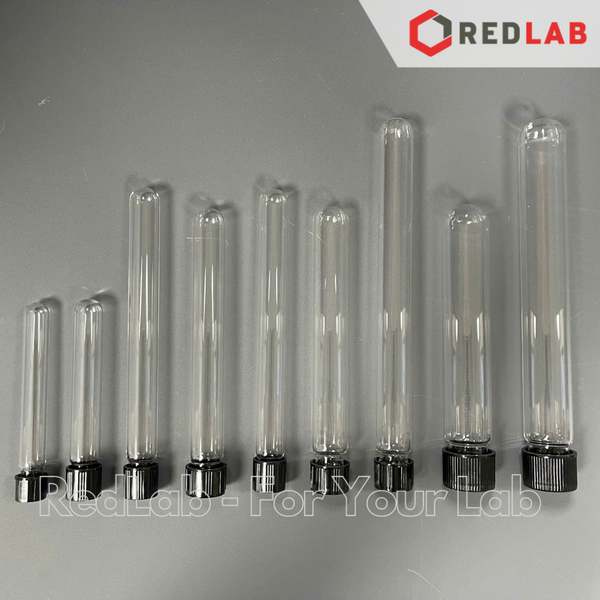 Ống nghiệm có nắp ONELAB Ø 13 16 18 20 25 mm, thuỷ tinh boro 3.3 chịu nhiệt, nắp vặn nhựa PP đen, có VAT
