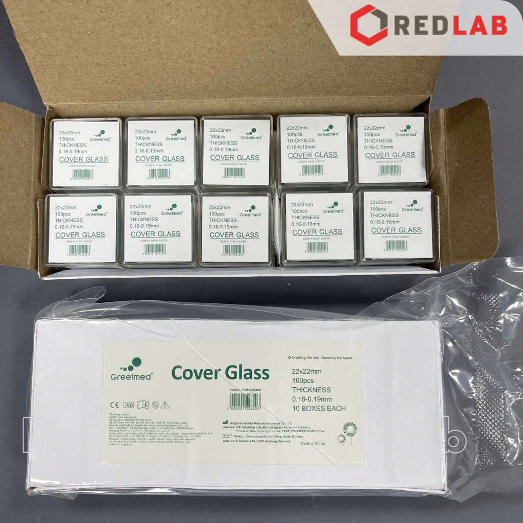 Lamen kính hiển vi GREETMED 22x22mm dày 0.16-0.19mm (hộp 100 cái) lammel / cover glass, có VAT