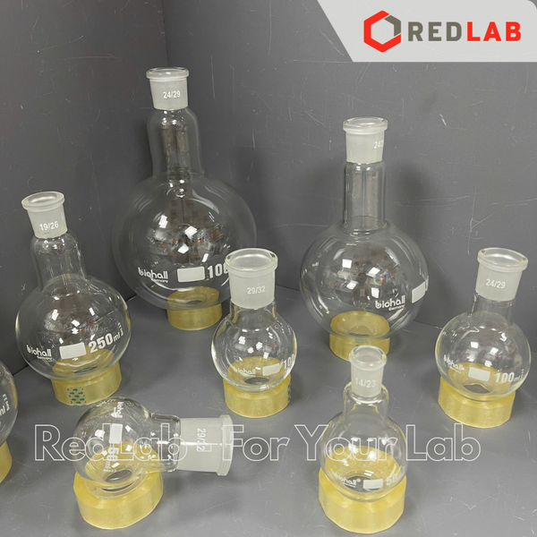 Bình cầu đáy tròn 1 cổ nhám BIOHALL 25 50 100 250 500 ml 1L 2L 3L 5L 10L 20L - 14/23 19/26 24/29 29/32 34/35 45/40 55/44, mark trắng, có VAT
