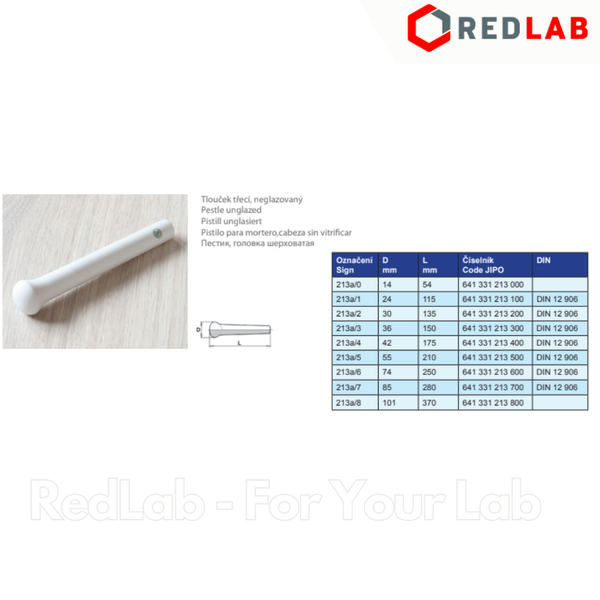 Chày sứ nhám / trơn  JIPO Czech dài 54 115 135 150 175 210 250 mm, Porcelain Pestle, có VAT