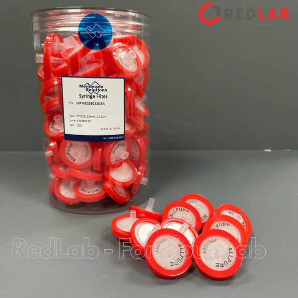 Đầu lọc sắc ký PTFE kị nước MEMBRANE SOLUTIONS 25mm lỗ lọc 0.22um / 0.45um, hydrophobic syringe filter, có VAT