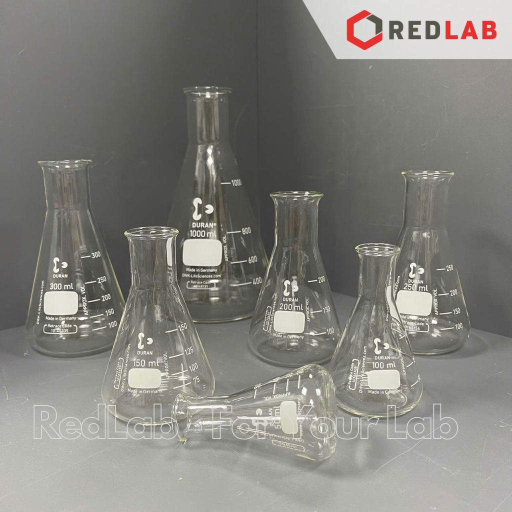 Bình tam giác cổ hẹp DURAN Class A 50 100 150 200 250 300 500 800 ml, 1 2 3.5 5 L, Narrow neck Erlenmeyer, có VAT