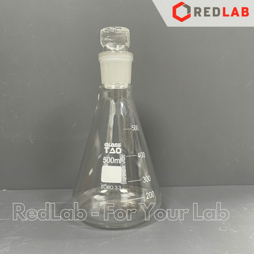 Bình tam giác GlassTAO 100 250 500 1000ml cổ nhám 24/29 29/32, erlen nắp mài, đựng mẫu thí nghiệm, có VAT