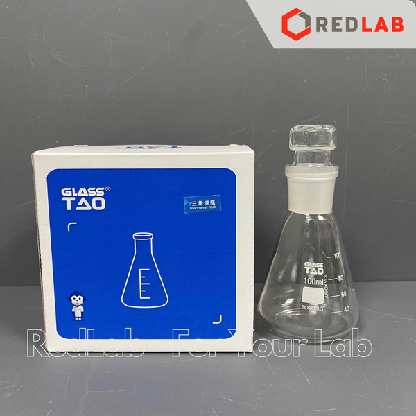 Bình tam giác GlassTAO 100 250 500 1000ml cổ nhám 24/29 29/32, erlen nắp mài, đựng mẫu thí nghiệm, có VAT