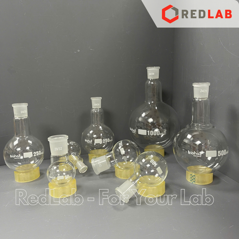 Bình cầu đáy tròn 1 cổ nhám BIOHALL 25 50 100 250 500 ml 1L 2L 3L 5L 10L 20L - 14/23 19/26 24/29 29/32 34/35 45/40 55/44, mark trắng, có VAT