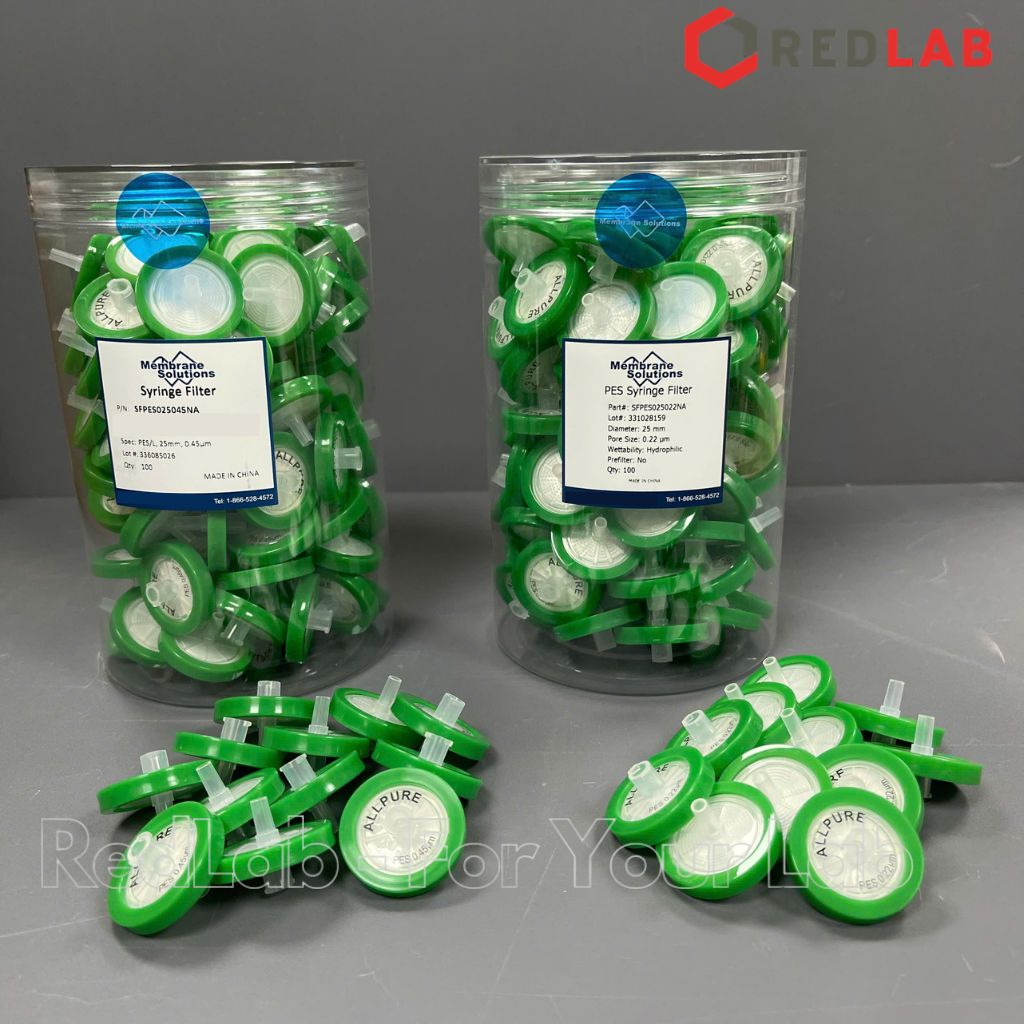 Đầu lọc sắc ký PES ưa nước MEMBRANE SOLUTIONS 25mm lỗ lọc 0.22um / 0.45um, hydrophilic syringe filter, có VAT