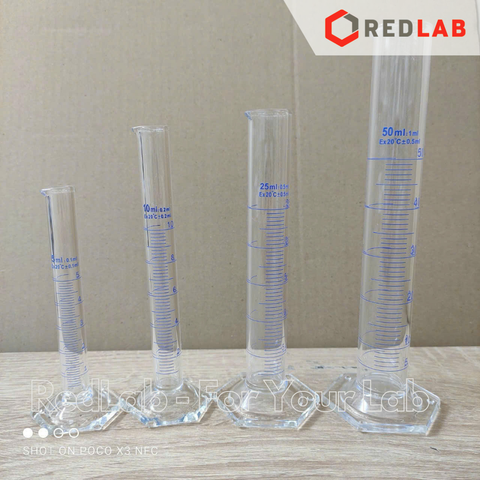 Ống đong thủy tinh GENLAB 5 10 25 50 100 250 500 1000 2000 ml đáy lục giác, vạch xanh, đong mẫu thí nghiệm, có VAT