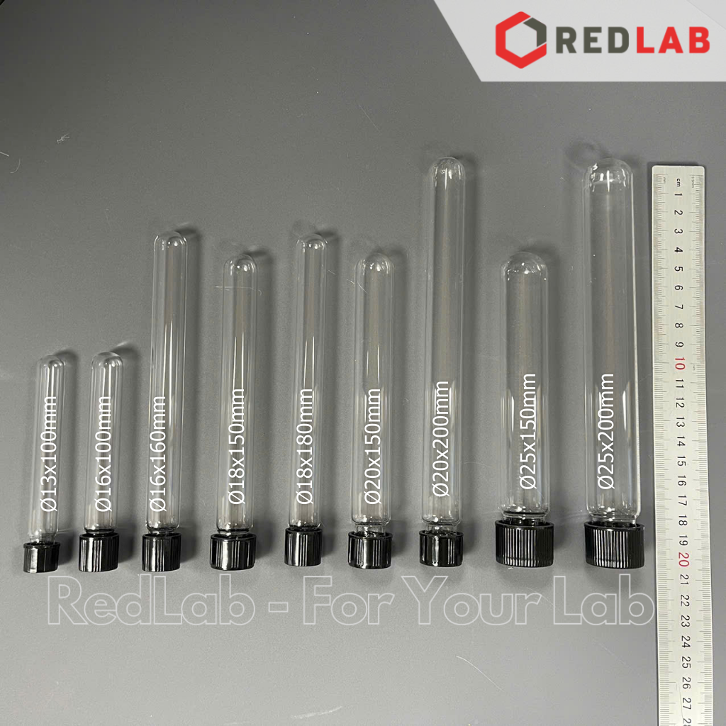 Ống nghiệm có nắp ONELAB Ø 13 16 18 20 25 mm, thuỷ tinh boro 3.3 chịu nhiệt, nắp vặn nhựa PP đen, có VAT