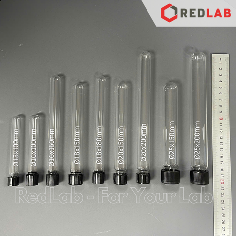 Ống nghiệm có nắp ONELAB Ø 13 16 18 20 25 mm, thuỷ tinh boro 3.3 chịu nhiệt, nắp vặn nhựa PP đen, có VAT