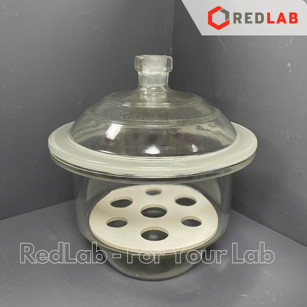 Bình hút ẩm trắng có vòi DINLAB 150 200 240 300 mm, dùng lưu trữ, làm khô mẫu thí nghiệm, có VAT