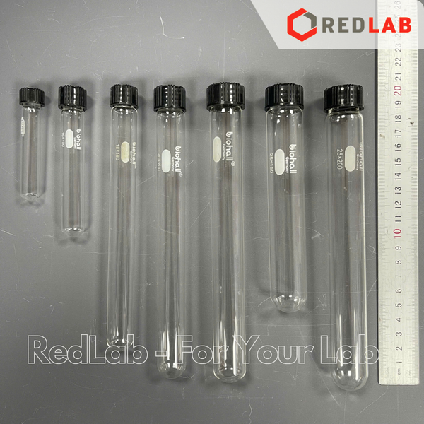 Ống nghiệm có nắp BIOHALL Ø 12 16 18 20 25 38 mm, thuỷ tinh boro 3.3 chịu nhiệt, nắp vặn nhựa PP đen, in logo, có VAT