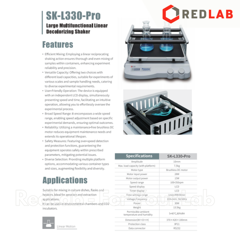 Máy lắc ngang DLAB SK-L330-Pro, 100-350rpm, max 7.5kg, gồm bàn lắc 4 thanh, 2 màn hình LCD, có VAT