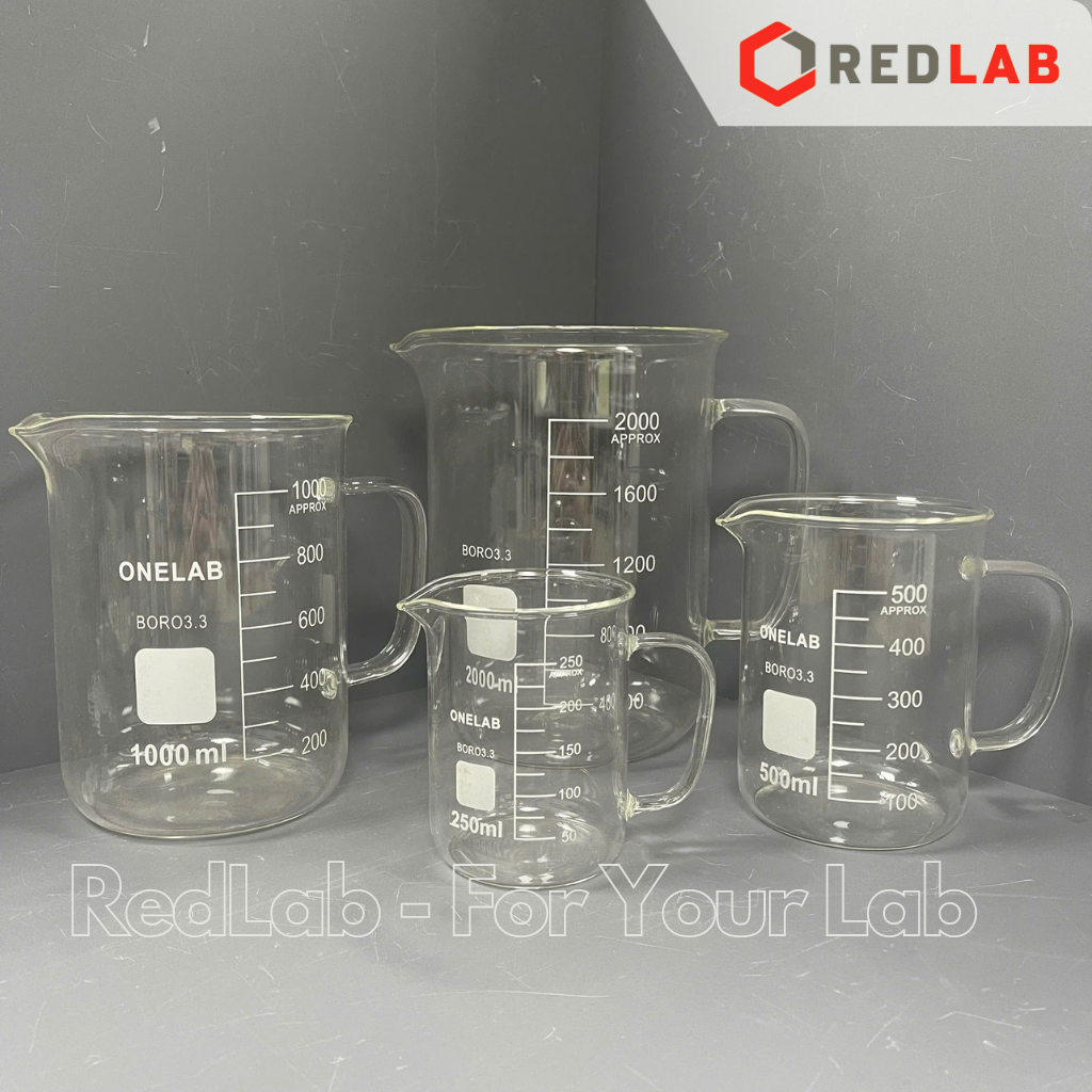 Cốc đốt thuỷ tinh có tay cầm ONELAB 250 500 1000 2000 ml, beaker thí nghiệm có quai chịu nhiệt, có VAT