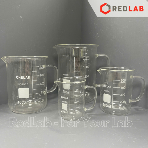 Cốc đốt thuỷ tinh có tay cầm ONELAB 250 500 1000 2000 ml, beaker thí nghiệm có quai chịu nhiệt, có VAT