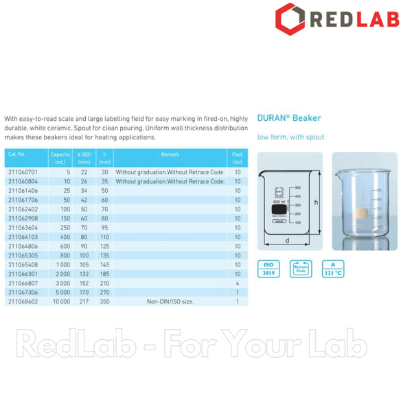 Cốc đốt thủy tinh thấp thành DURAN Class A 50 100 150 250 400 600 800 ml, 1 2 3 5 L, beaker có mỏ chịu nhiệt, có VAT